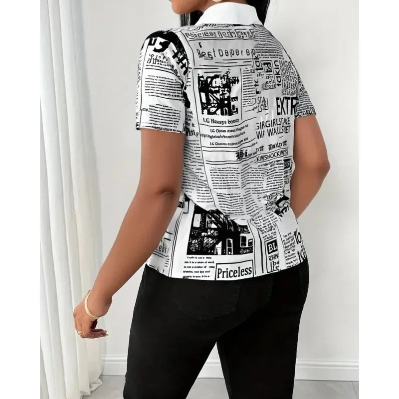 Pluto Elegant Fashion Newspaper Pattern Print Single Breasted Short Sleeve Tops