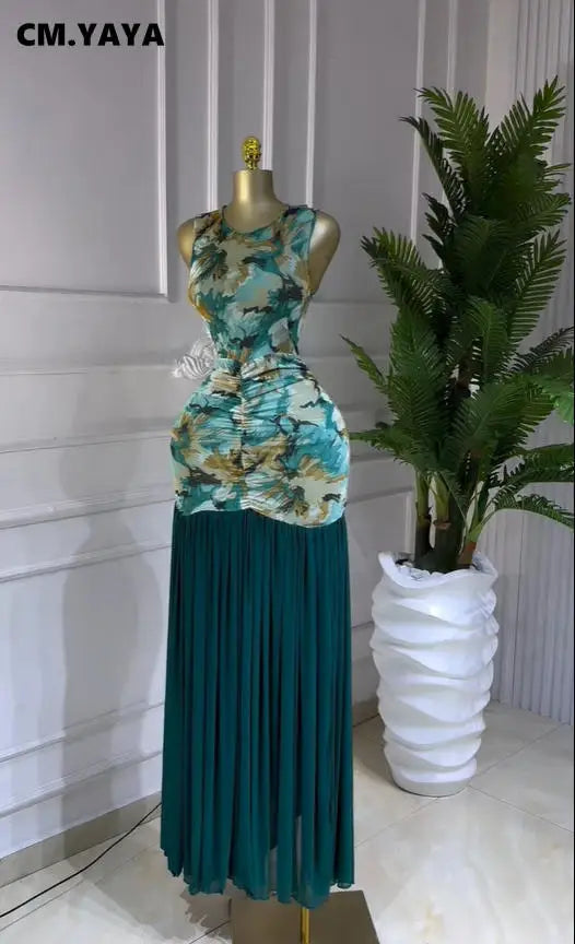 Printed Ruched Stacked Sleeveless Long Maxi Dress