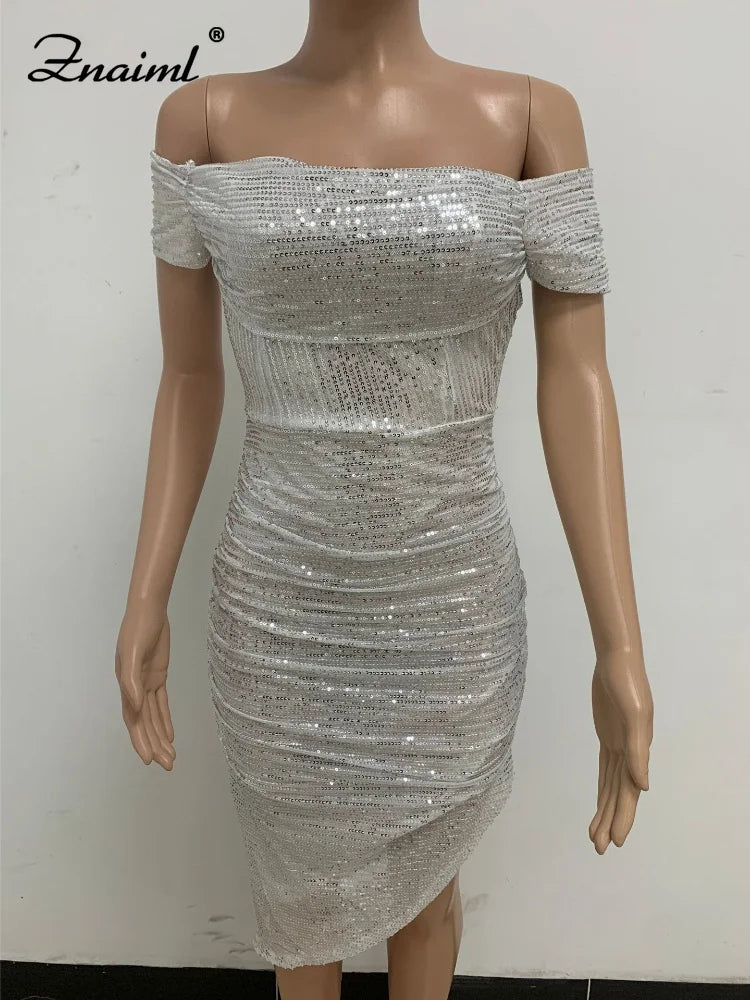 Virginia One Shoulder Bodycon Sparkly High Slit Midi Dresses