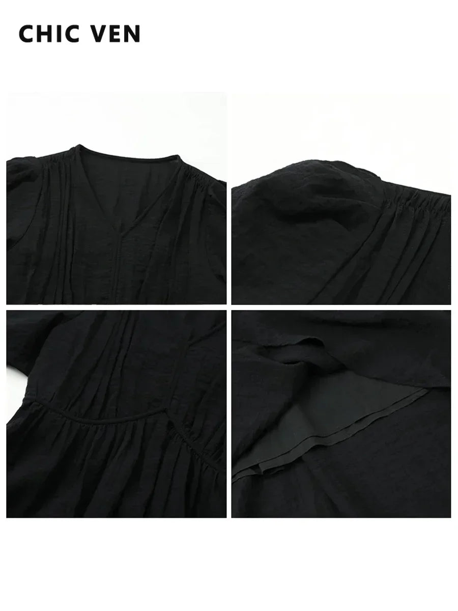 French Style Vintage V Neck Puff Sleeve Solid Black Loose Long Dress