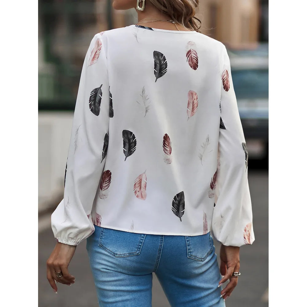 Jamesburg Casual T Shirt Fashion Feather Printed Long Sleeve V Neck Loose Blouses