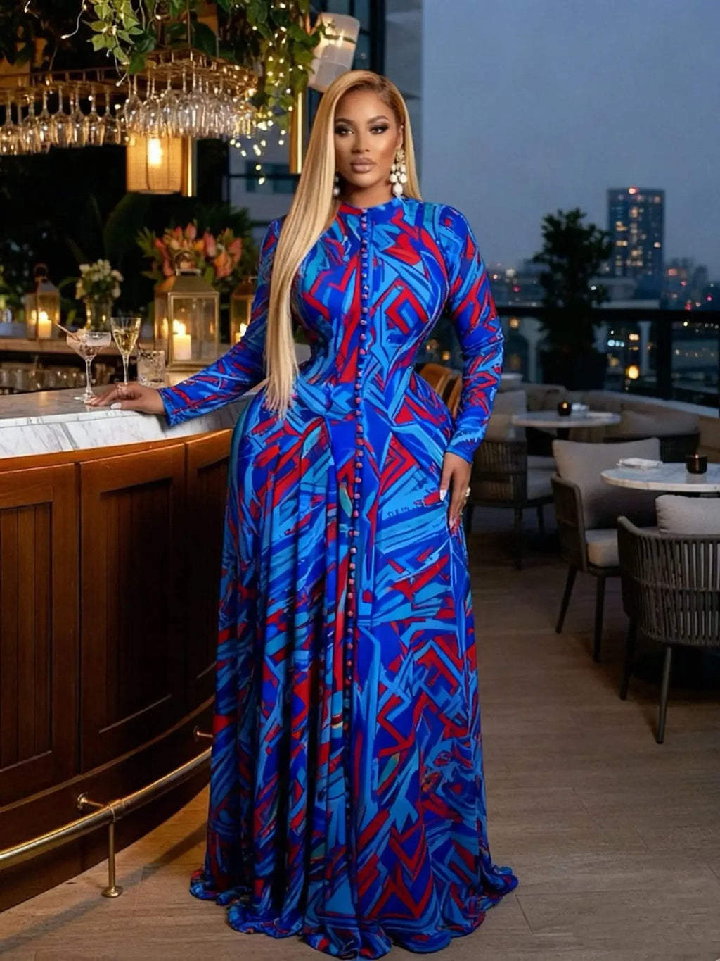 Turkunkan O Neck Long Sleeve Big Swing Tie Dye Print Long Dress