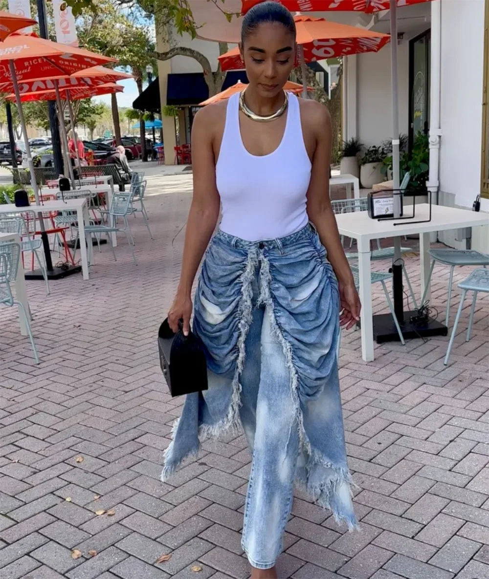 Absecon Ruched Frayed Trim Casual Contrast High Street Vintage Casual Asymmetric Denim