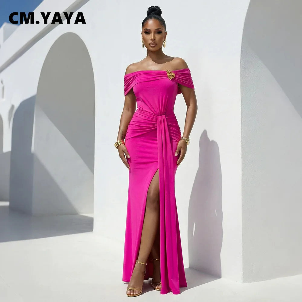 La Cuava Slash Neck Ribbon Elegant Sleeves Long Sexy Maxi Dress