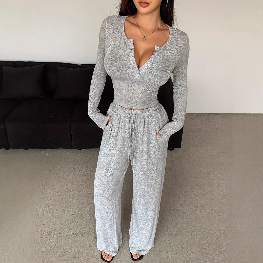 Leah V-neck Long-sleeved Trousers Two-piece Sets