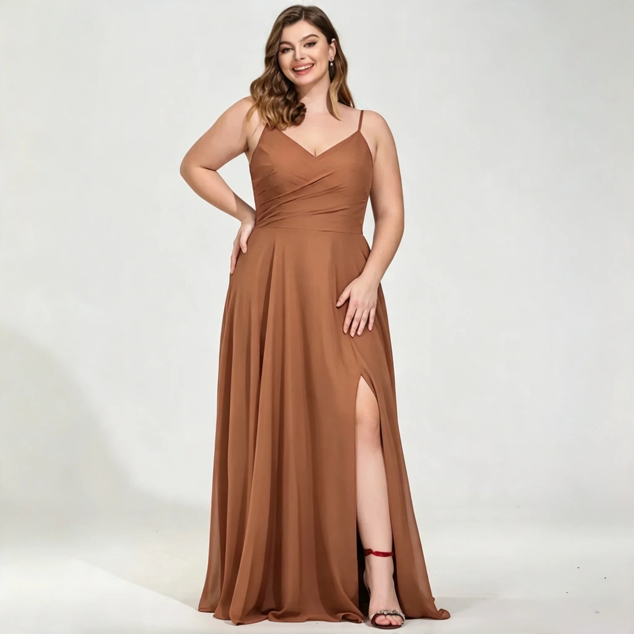 New York Plus Size Burgundy Chiffon Bridesmaid Spaghetti Strap Surplice V Neck Ruched Dress