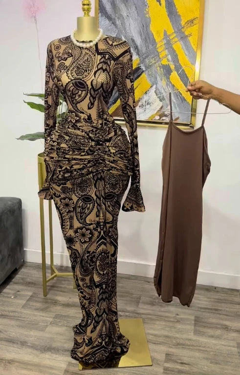 Peru Long Sleeve Stacked Mesh See Though with Lining Bodycon Long Dress