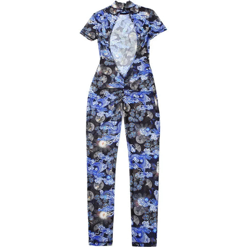Auburn Hollow Out Playsuits Female Nightout Fashion Mesh Thin Sheer Jumpsuits