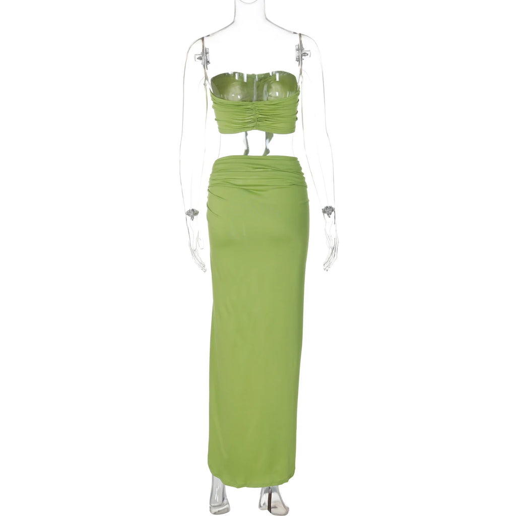 Ogdensburg Strapless Tie Flower Draped Sexy Crop Tank Slit Tassel Set