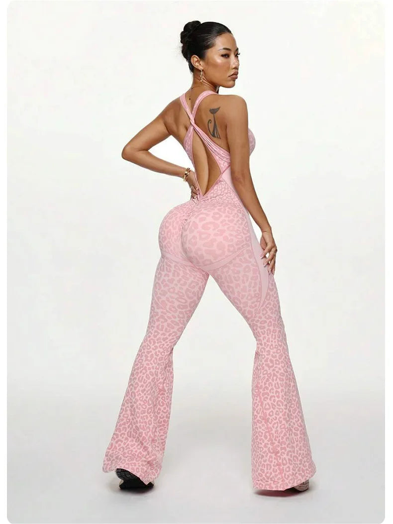 Reading Leopard Sportwear Sleeveless Backless Flare Jumpsuits