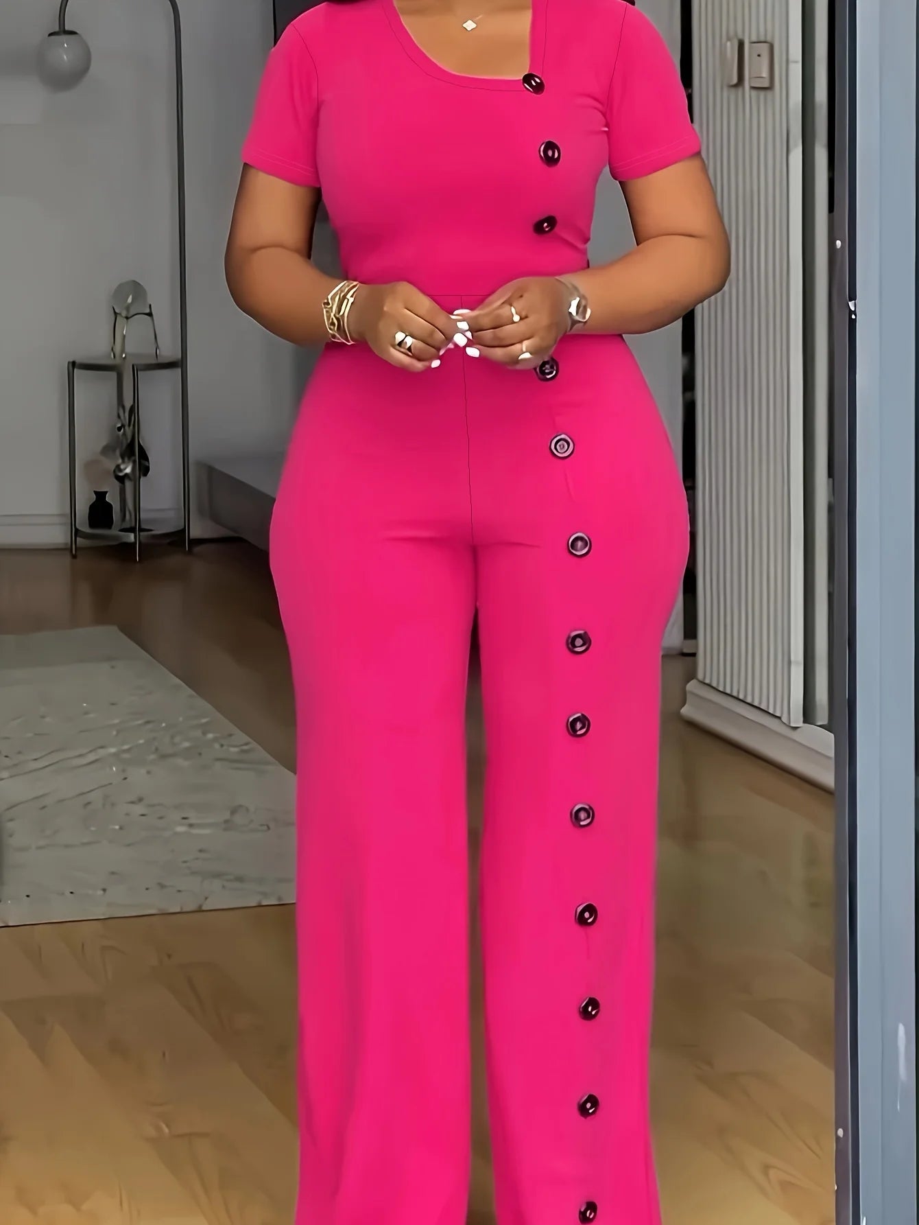 Lake Orion Formal Short Sleeve Buttoned Office Straight Jumpsuit