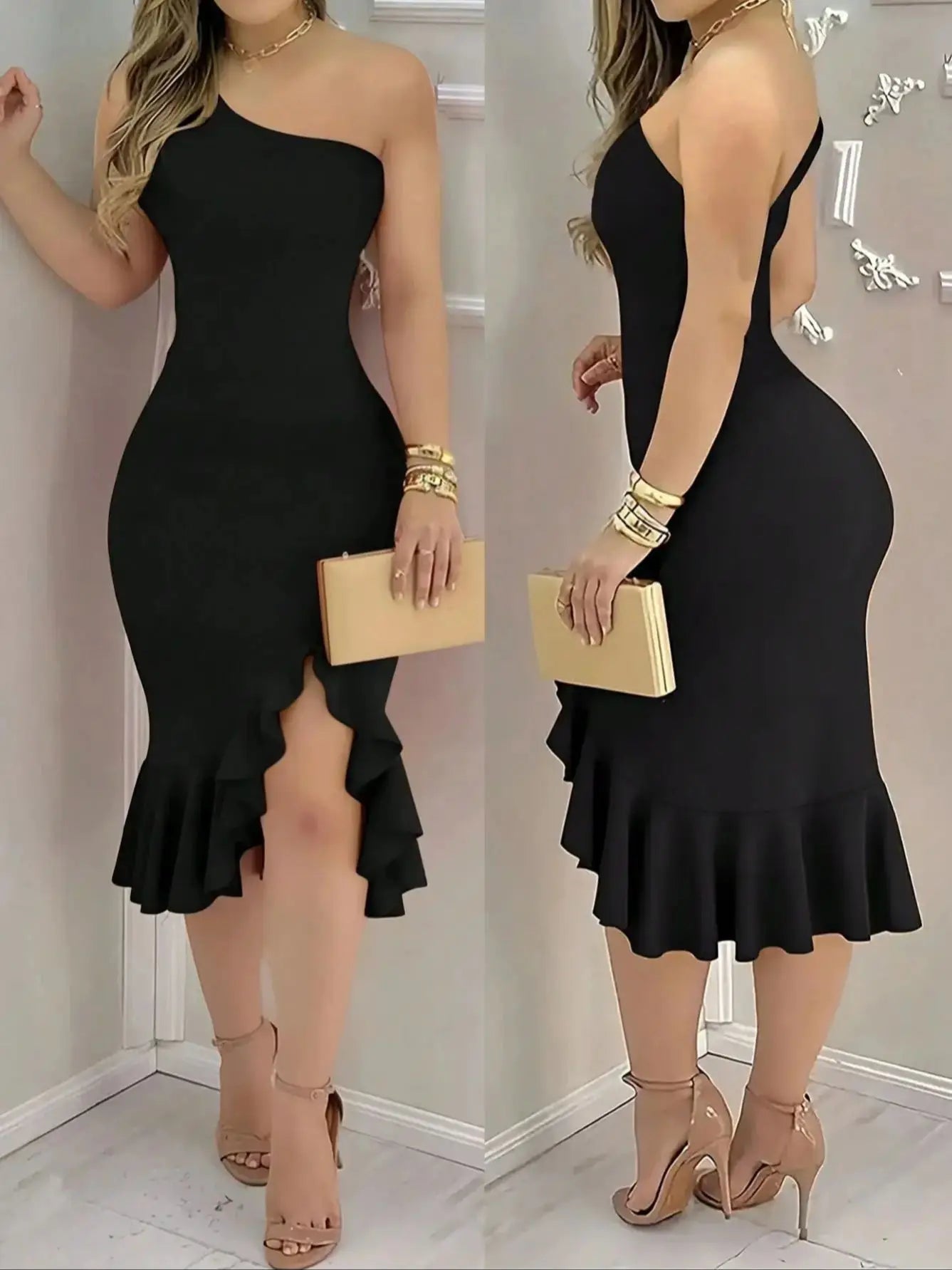 Solid Color Elegant and Sexy Vacation Off-Shoulder Backless Ruffle Asymmetrical Hem Dress