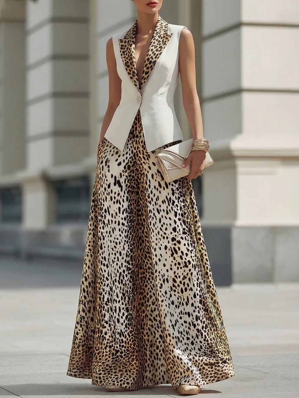 Naomi Lapel Sleeveless Color Block Two Piece Sets