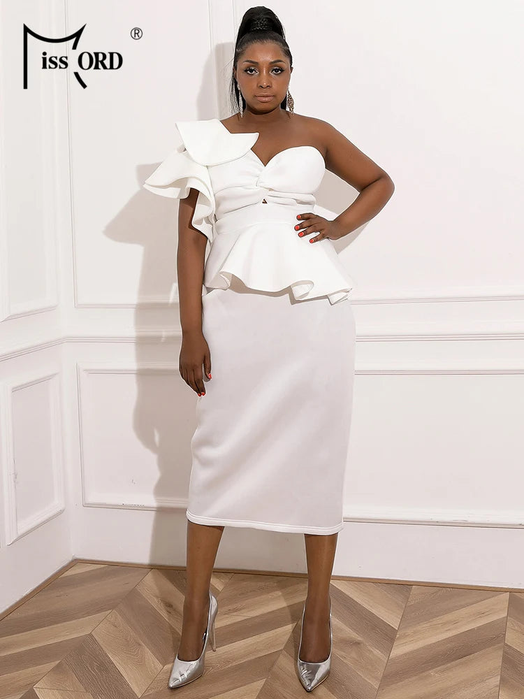 Missoury Red Knitted Midi Plus Size Elegant One Shoulder Sleeveless Ruffles Bodycon Dress