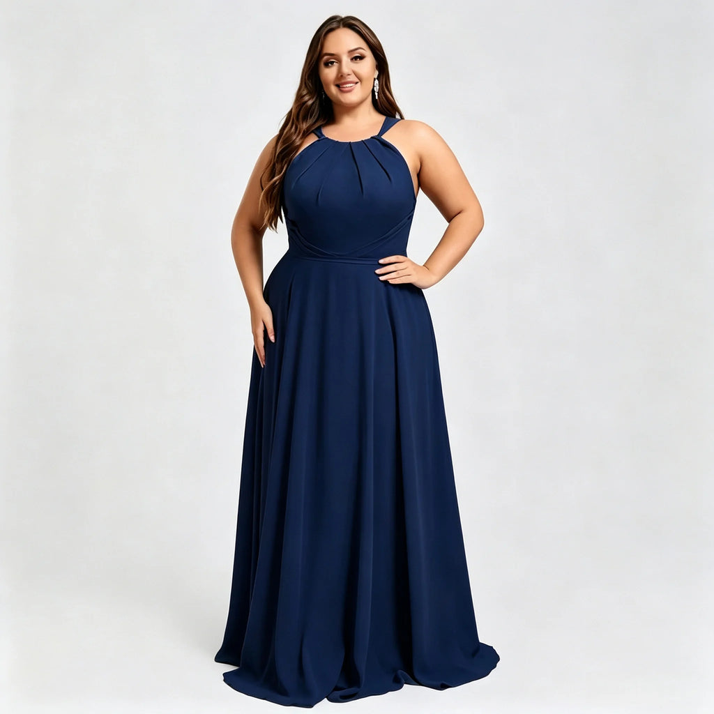 Los Mina Plus Size Halter Chiffon Bridesmaid Spaghetti Straps A Line Maxi Dress