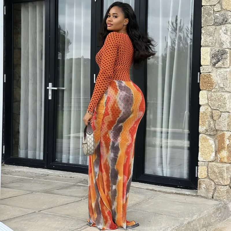 Slim Full Sleeve Dot Printed Mesh Patchwork Bodycon Long Dress