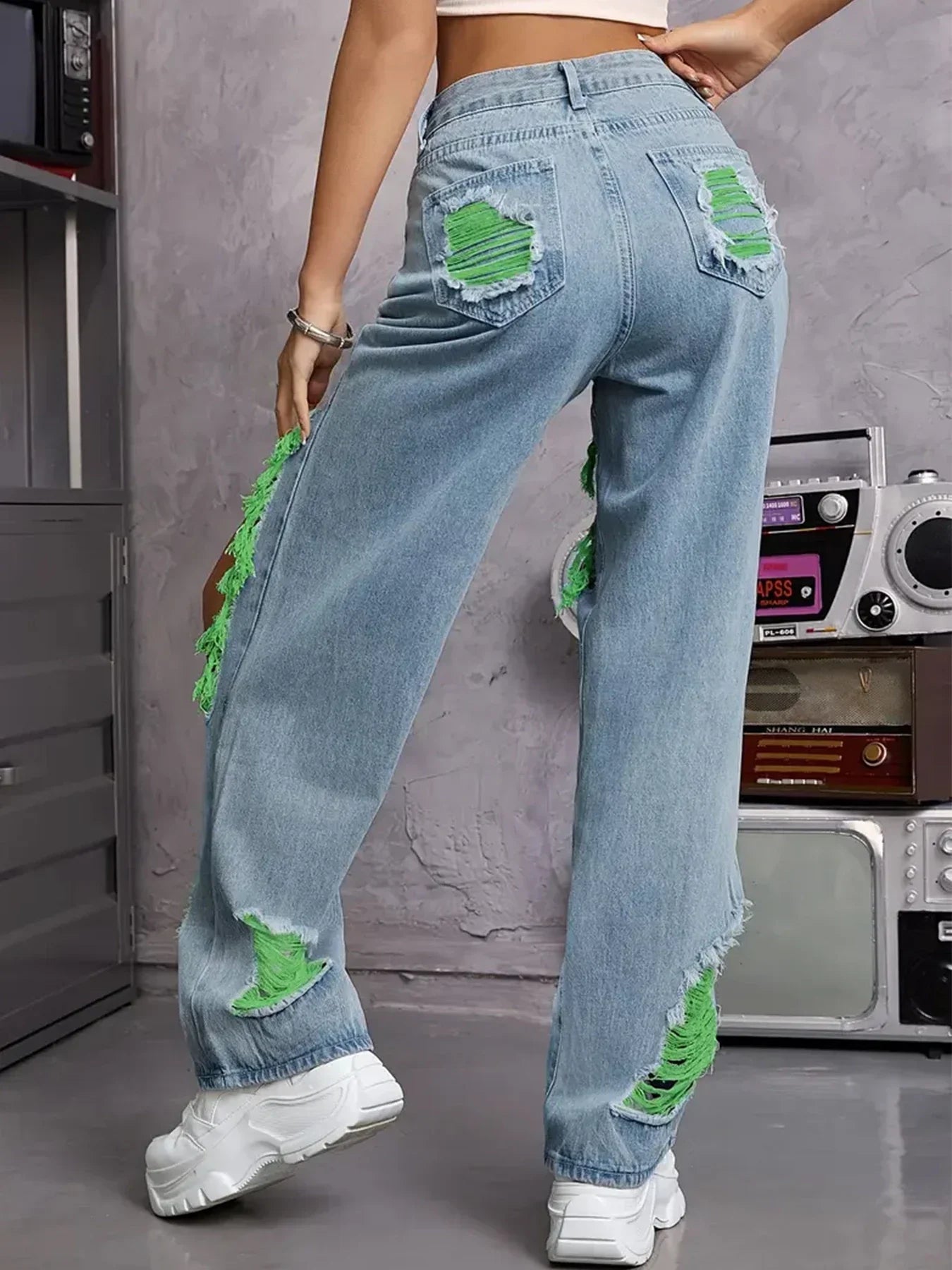 Harvey Cedar Light Washed Ripped High Waist Baggy Straight Leg  Denim