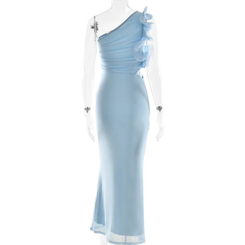 Allendale One Shoulder Bodycon Mesh Ruched Sexy Backless Long Dress