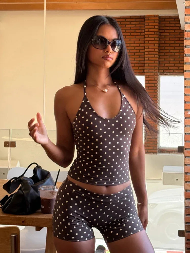 Wilky Polka Dot Halter Neck Yoga Two Piece Sets