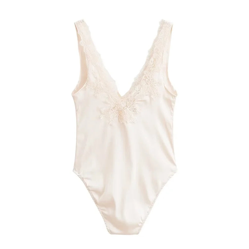 Women's Jumpsuit  New Lace Satin Texture with Embroidered Flowers  Slim-Fit Top Summer Sexy Beach Party