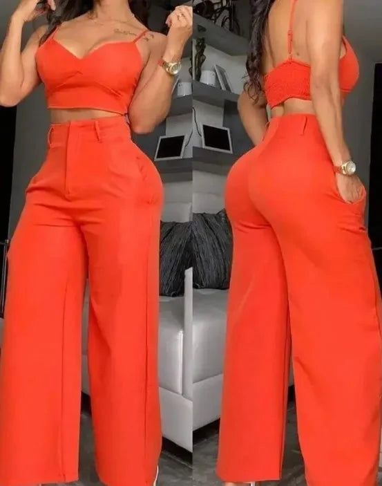Spaghetti Strap V-Neck Crop Top & Wide Leg Pants Set
