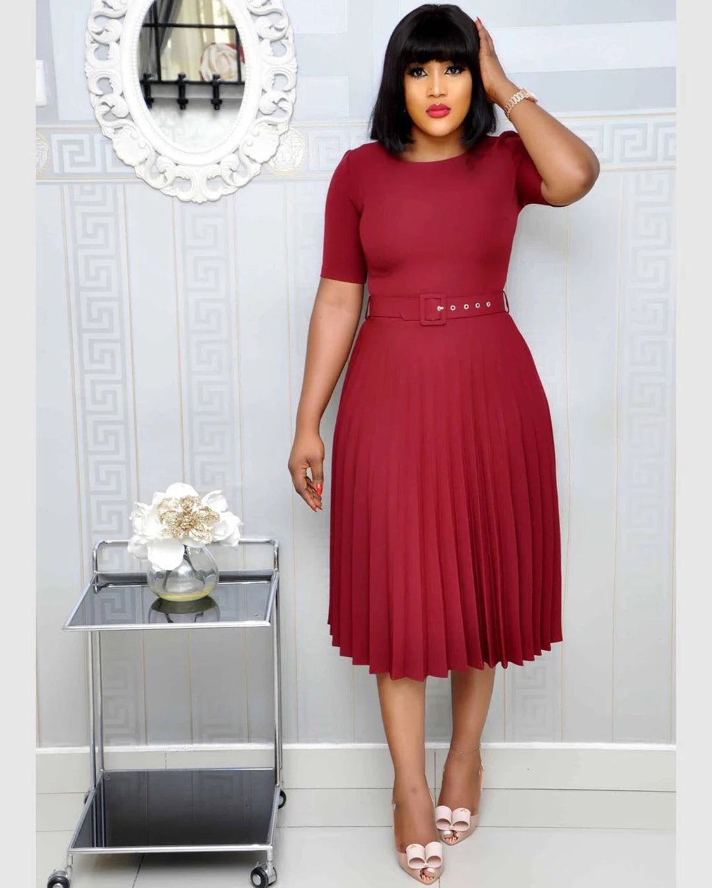 Cincinnati Plus Size Pleated Ladies O Neck Solid With Belt Mid-Calf Office Dress