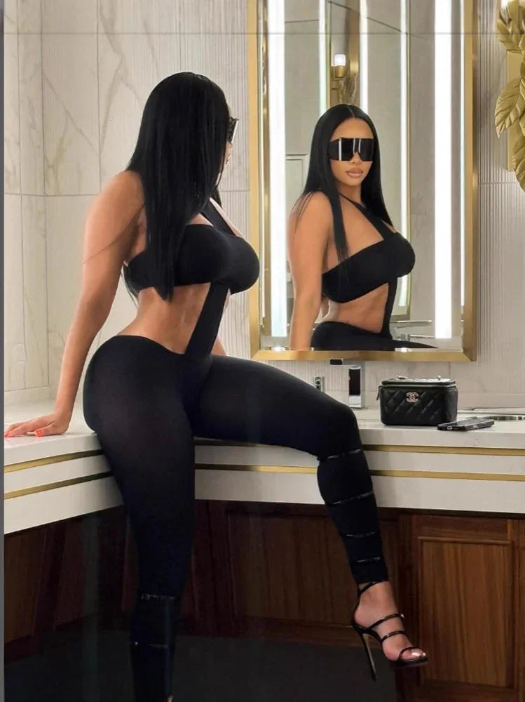 Hammonton Club Wear Halter Cross Crop Suits Baddie Outfits Two Piece Set