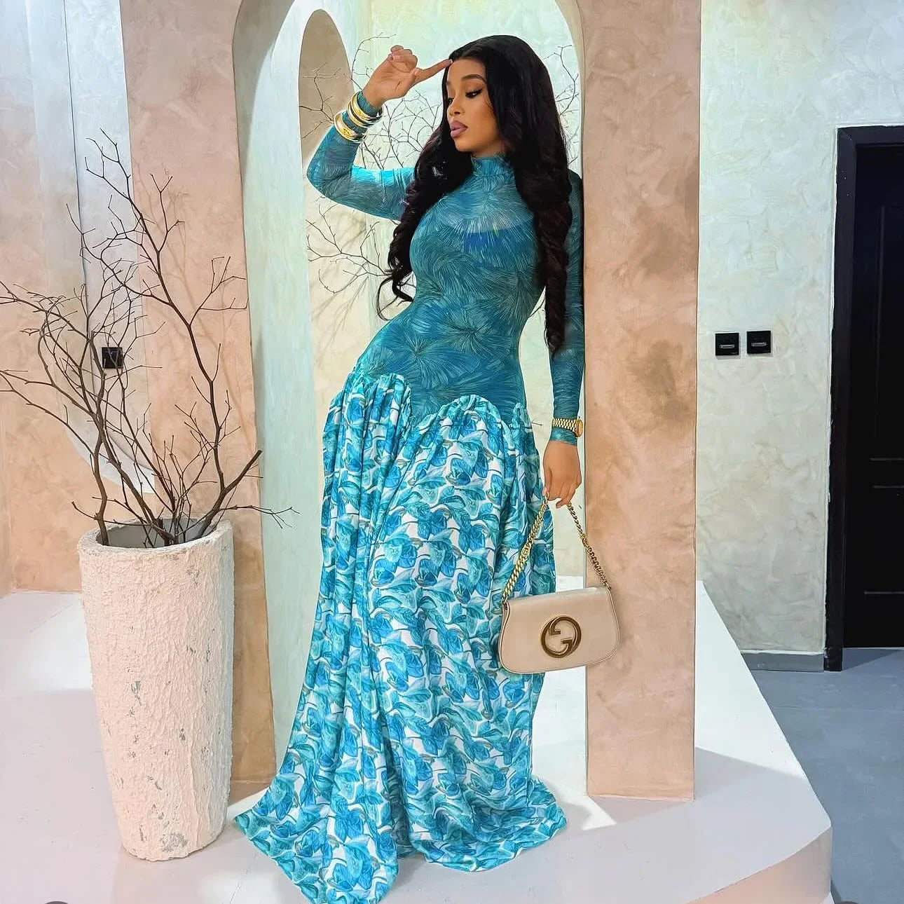 Passaic O Neck Fashion Long Sleeve Flower Printed Maxi Dress