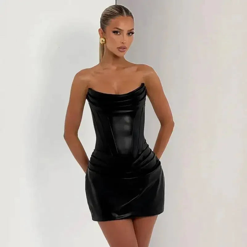 Ronkonkoma PU Pleated Sleeveless Strapless Pleated Party Dress