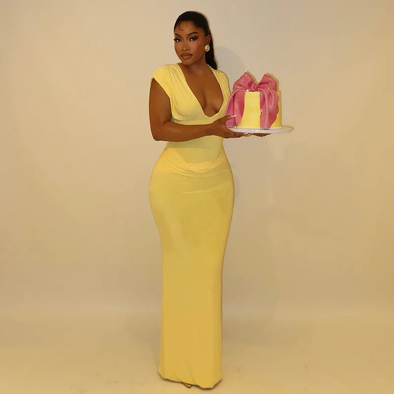 Elmora Sexy Ruched Bodycon Solid Sleeveless V-Neck Slim Long Maxi Dresses