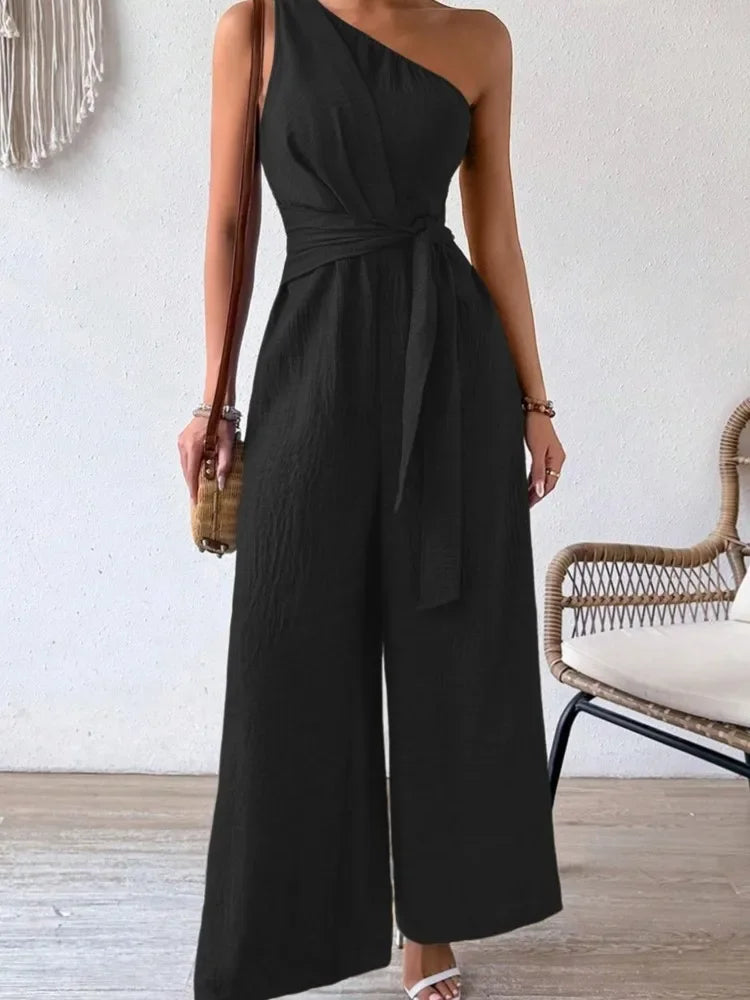 Detroit Fashion Sleeveless Diagonal Collar High Waist Lace-up Wide Leg Jumpsuits