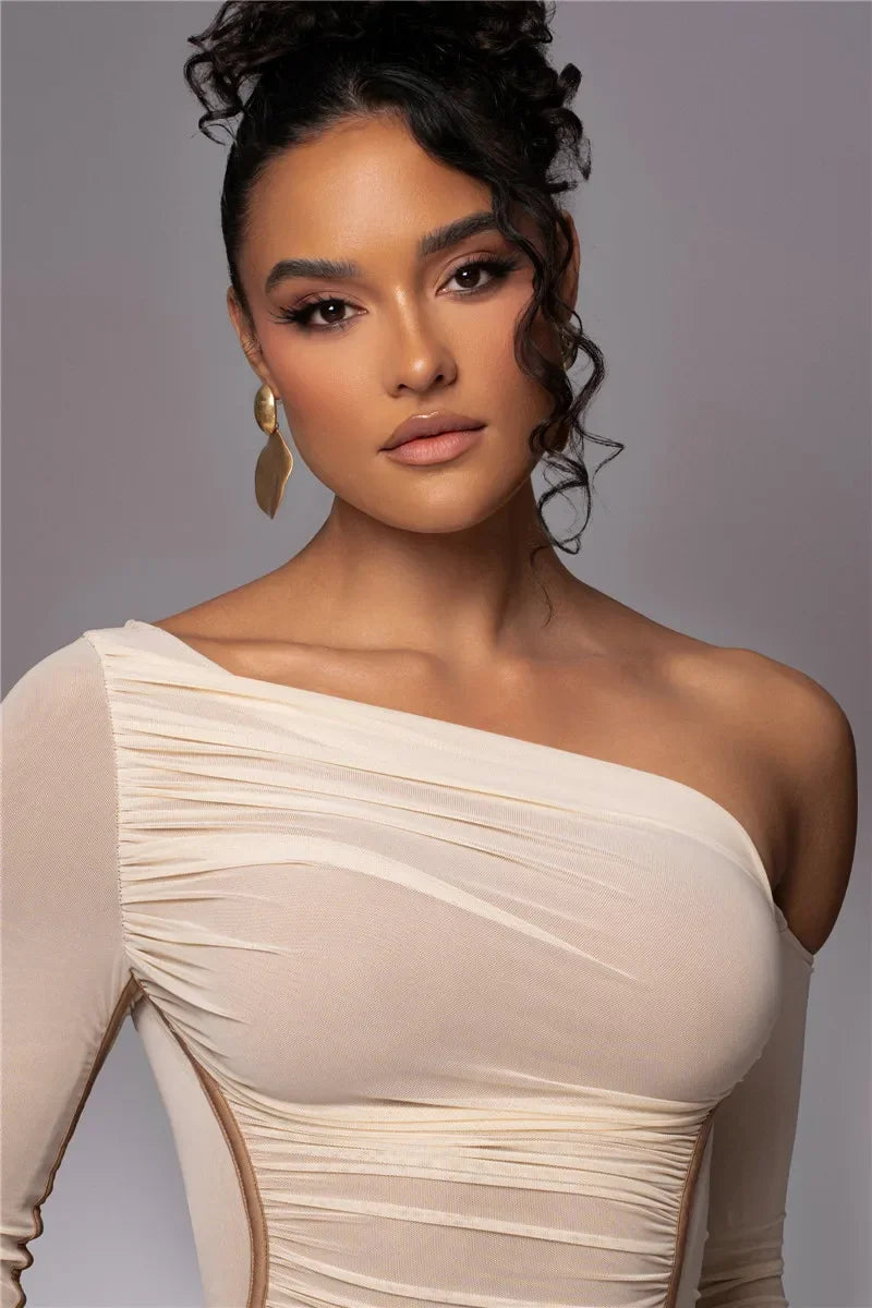 Dyker Heights Diagonal Collar Long Sleeve Mesh Backless Ruched Bodycon Midi Dress