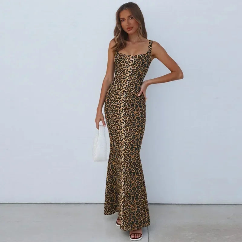 Bath Beach Elegant Square Collar Sleeveless Bodycon Split Leopard Print Long Party Dress
