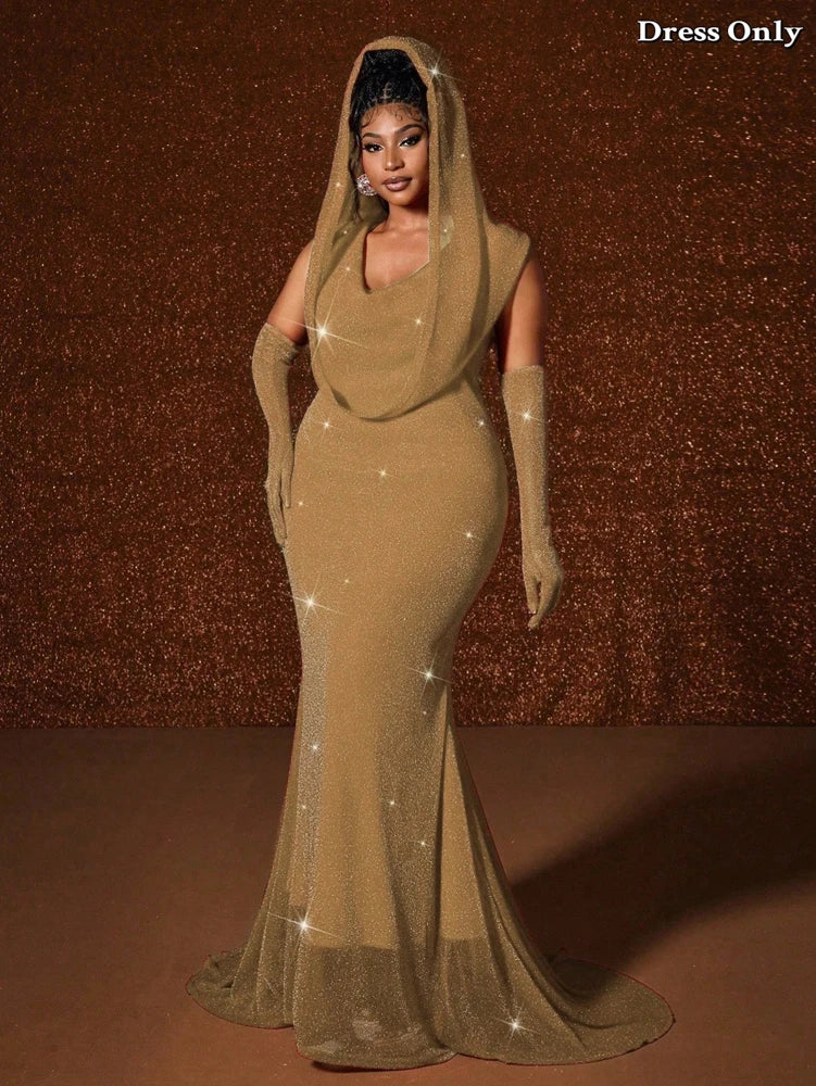 Plus Size Waistband Hot Gold Fish Tail Swing Long Solid Colour Fishtail Slim Dress