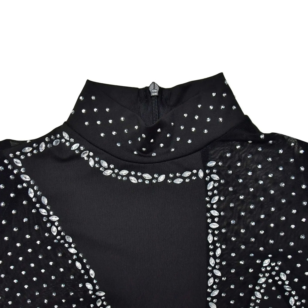 Upper West Sparkly Rhinestone Perform Costume Long Sleeve Sheer Mesh Jumpsuit