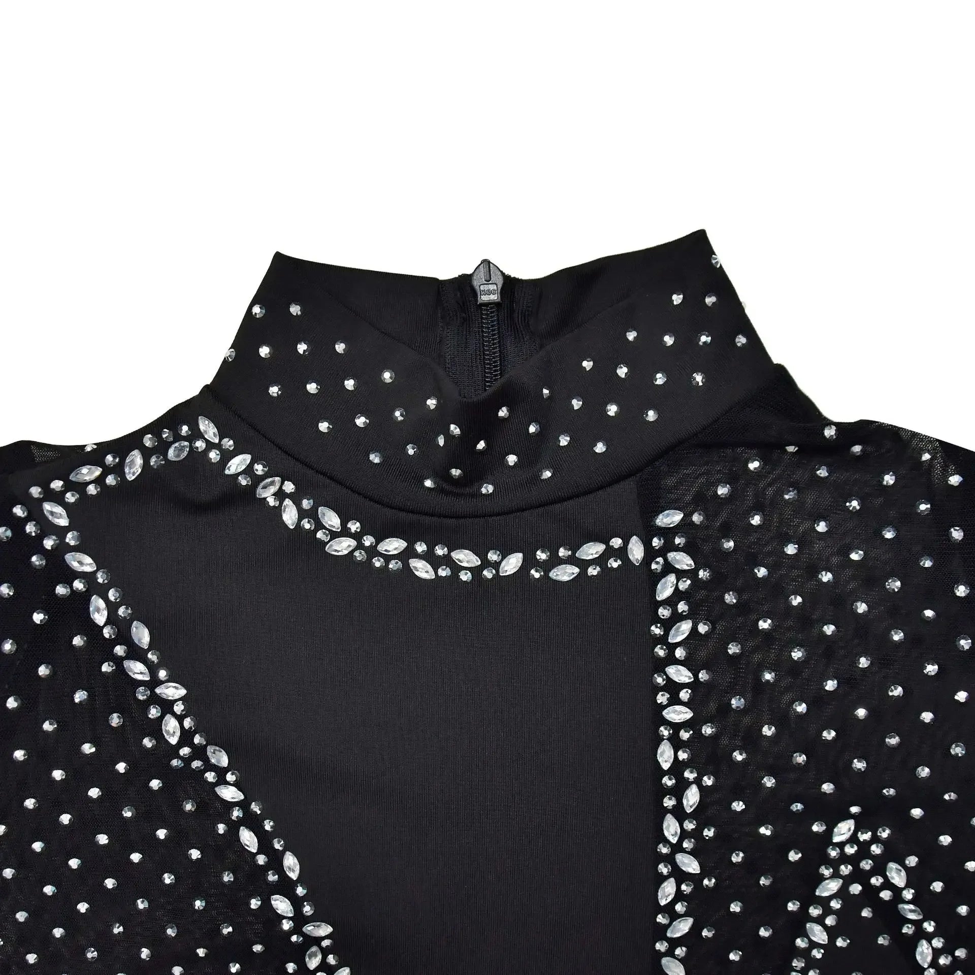 Upper West Sparkly Rhinestone Perform Costume Long Sleeve Sheer Mesh Jumpsuit
