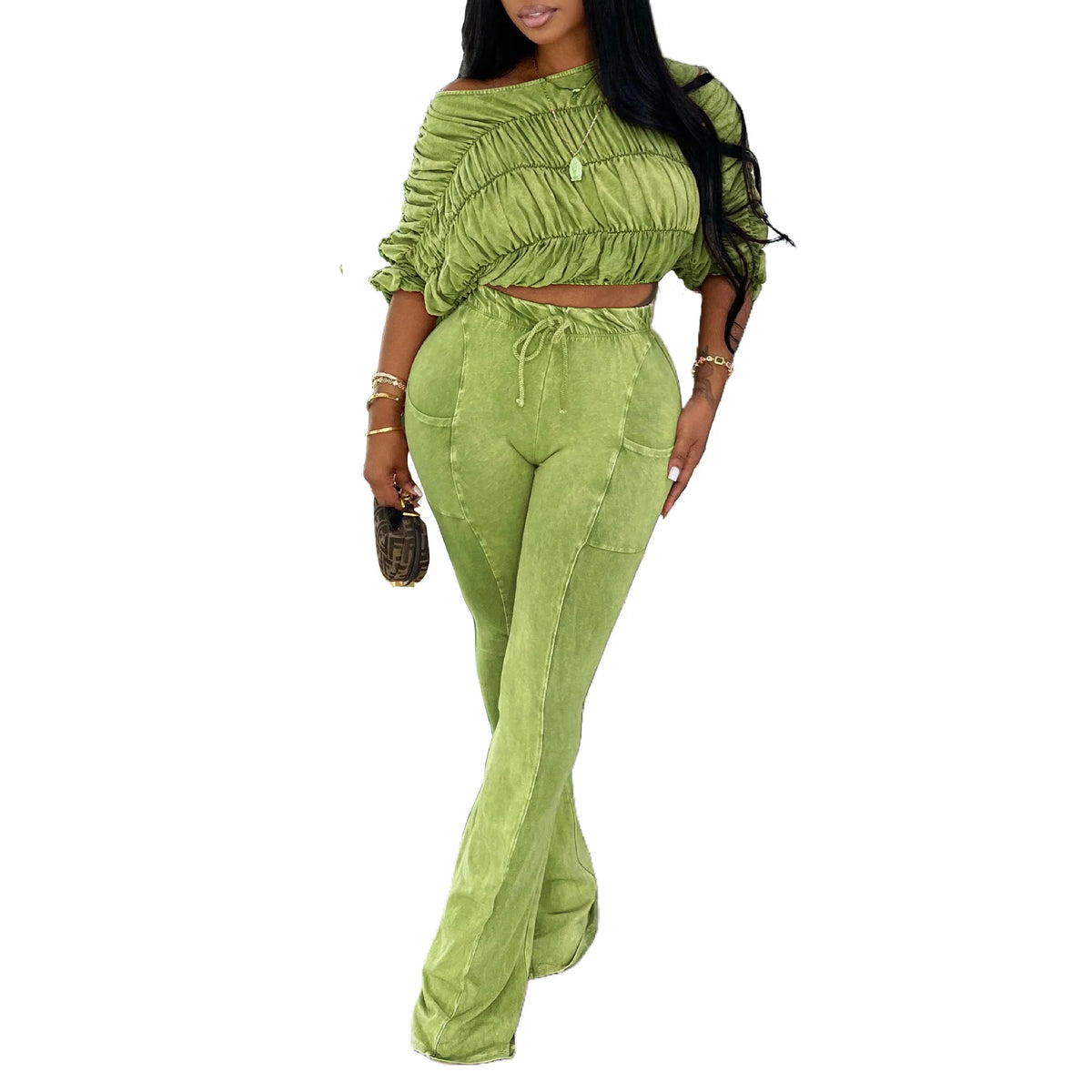 Judith Diagonal Neck Batwing Sleeve Short Two Piece Sets