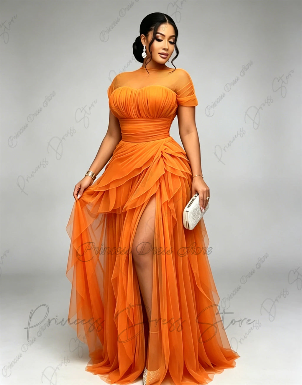 Bani Elegant Pleats Tulle Split Long Evening Gowns Birthday Party Dress