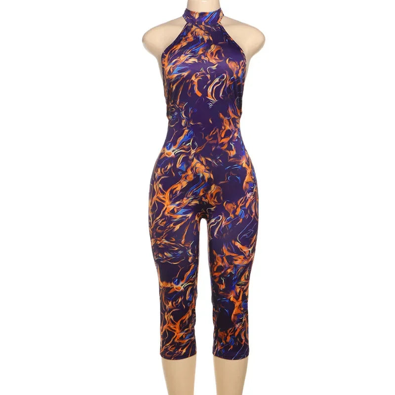 Sunset Park Dots Print Lace Up Halter Backless Skinny Knee Length Jumpsuits