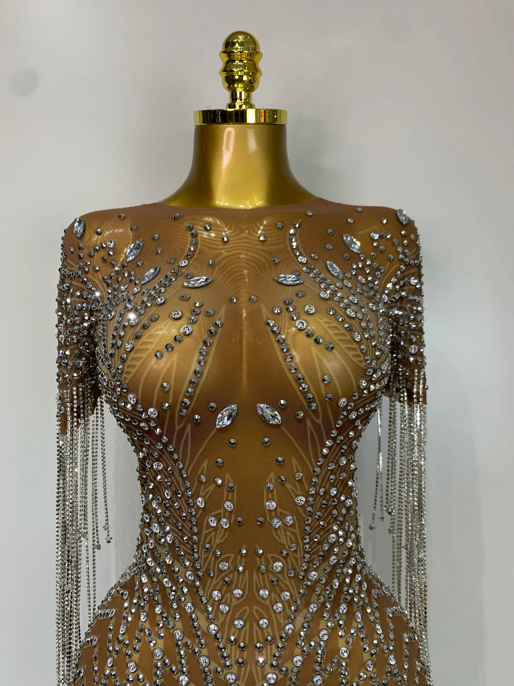 Bedford Luxury Sparkly Rhinestones Tassel Transparent Mesh Stretch Long Dress