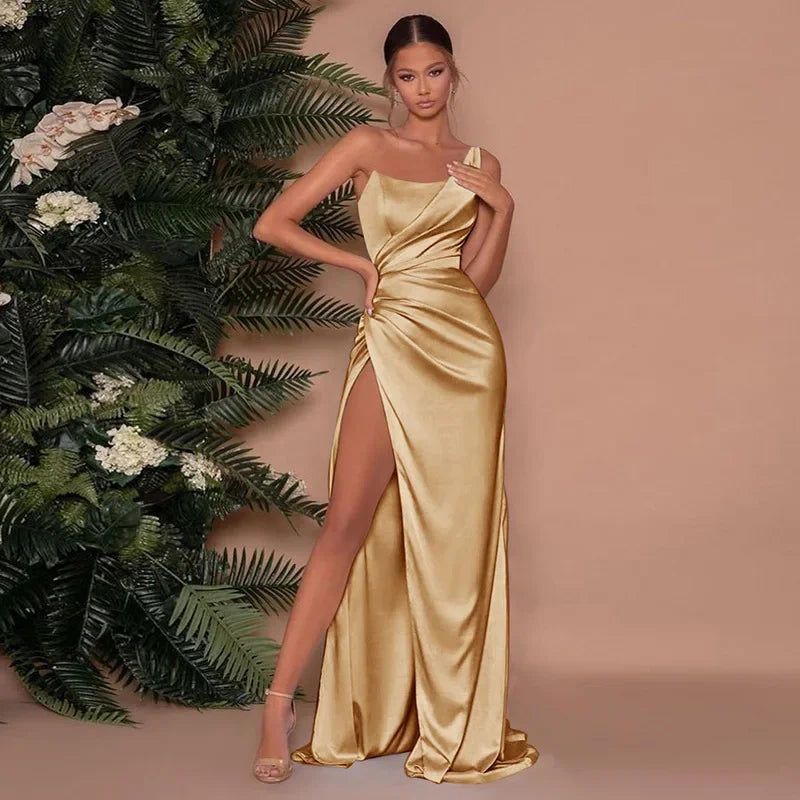 Mid Island Sexy Temperament One Shoulder Fishbone Side Slit Satin Long Dress