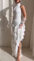 Wallington Modern Style Chiffon Ruched Ruffle Tiered Mermaid Scoop Neck Long Dresses