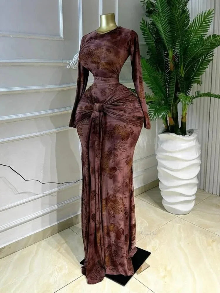 Beattystown Elegant Tie Dye Printed Skew Neck Flare Long Sleeve Ruched Maxi Dress