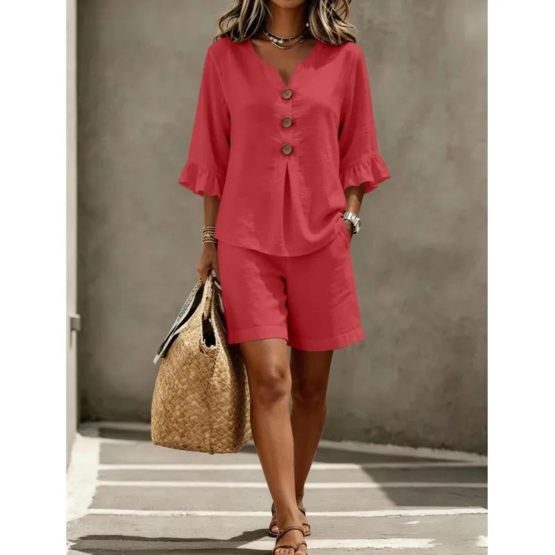 Winnie Button Flared Sleeves V-Neck Two Piece Sets