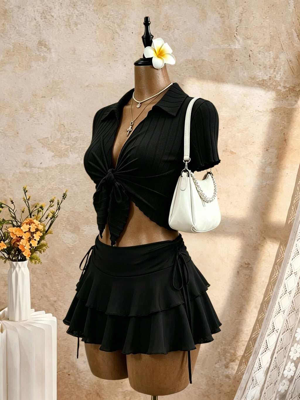 Adriana Ribbed Polo Collar Front Tie Two Piece Sets