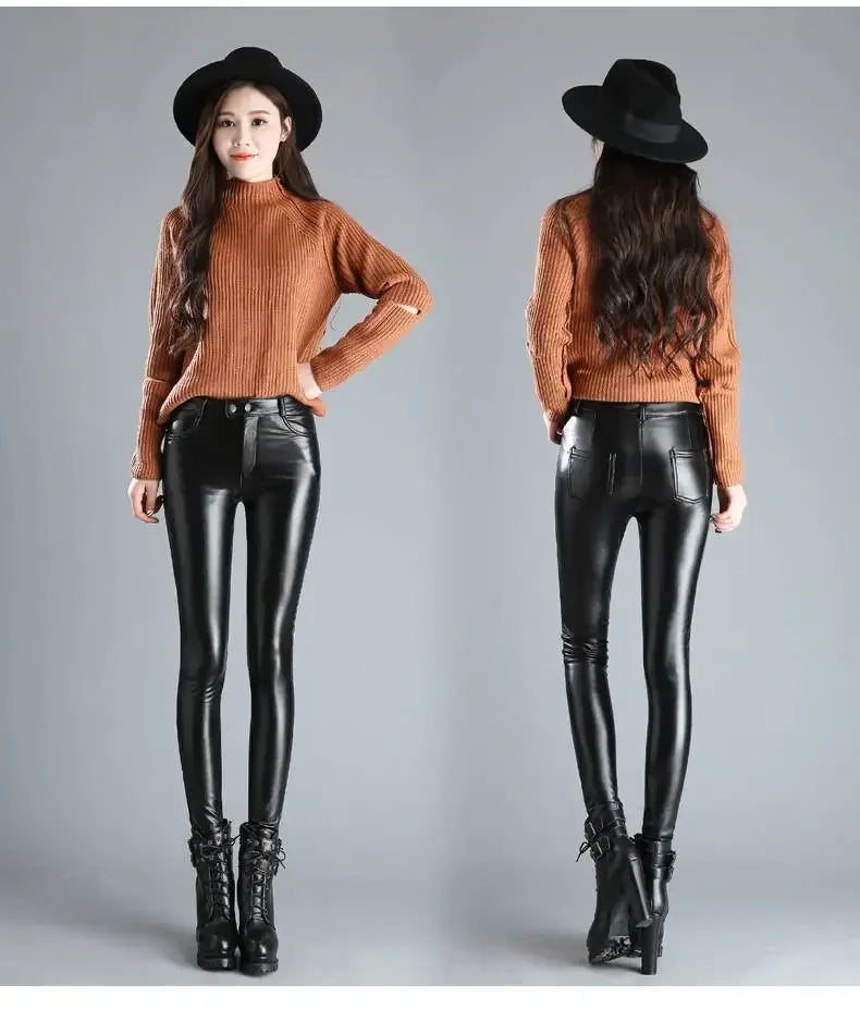 Green Pond PU Leather Leggings Pencil Pants with Thermal Lining Female High-Waisted Stretchy
