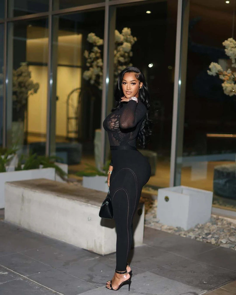 Alicia Floral Lace Mesh Long Sleeve Two Piece Sets