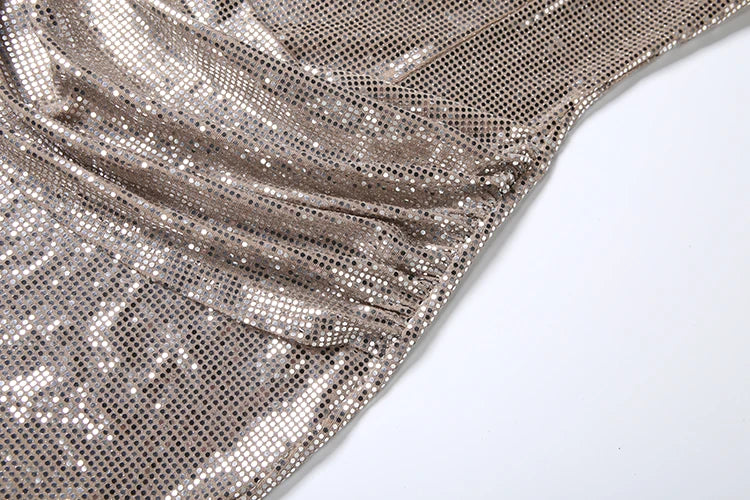 Irlanda Strapless Shiny Sequins Wrap Chest Backless Sleeveless Ruched High Splits Dress