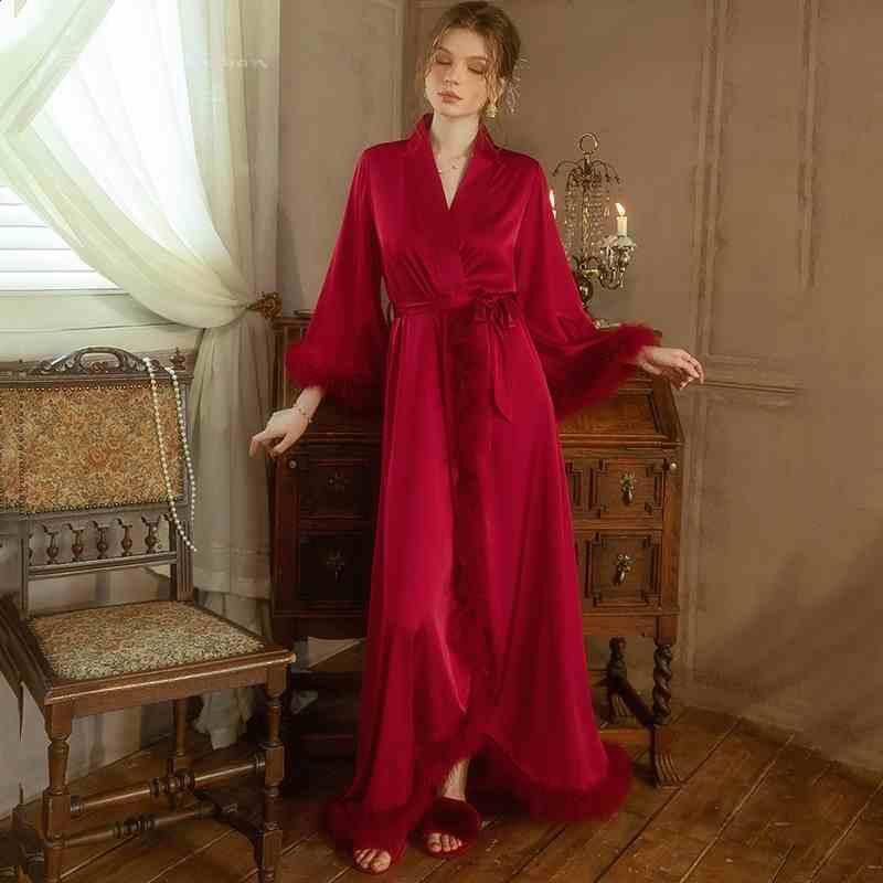 Elegant Satin Feather-Trimmed Robe & Nightdress - Luxury Bridal & Lounge Wear