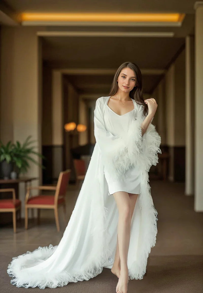Luxury Ostrich Feather Satin Bridal Robe – Holiday Photoshoot Gift